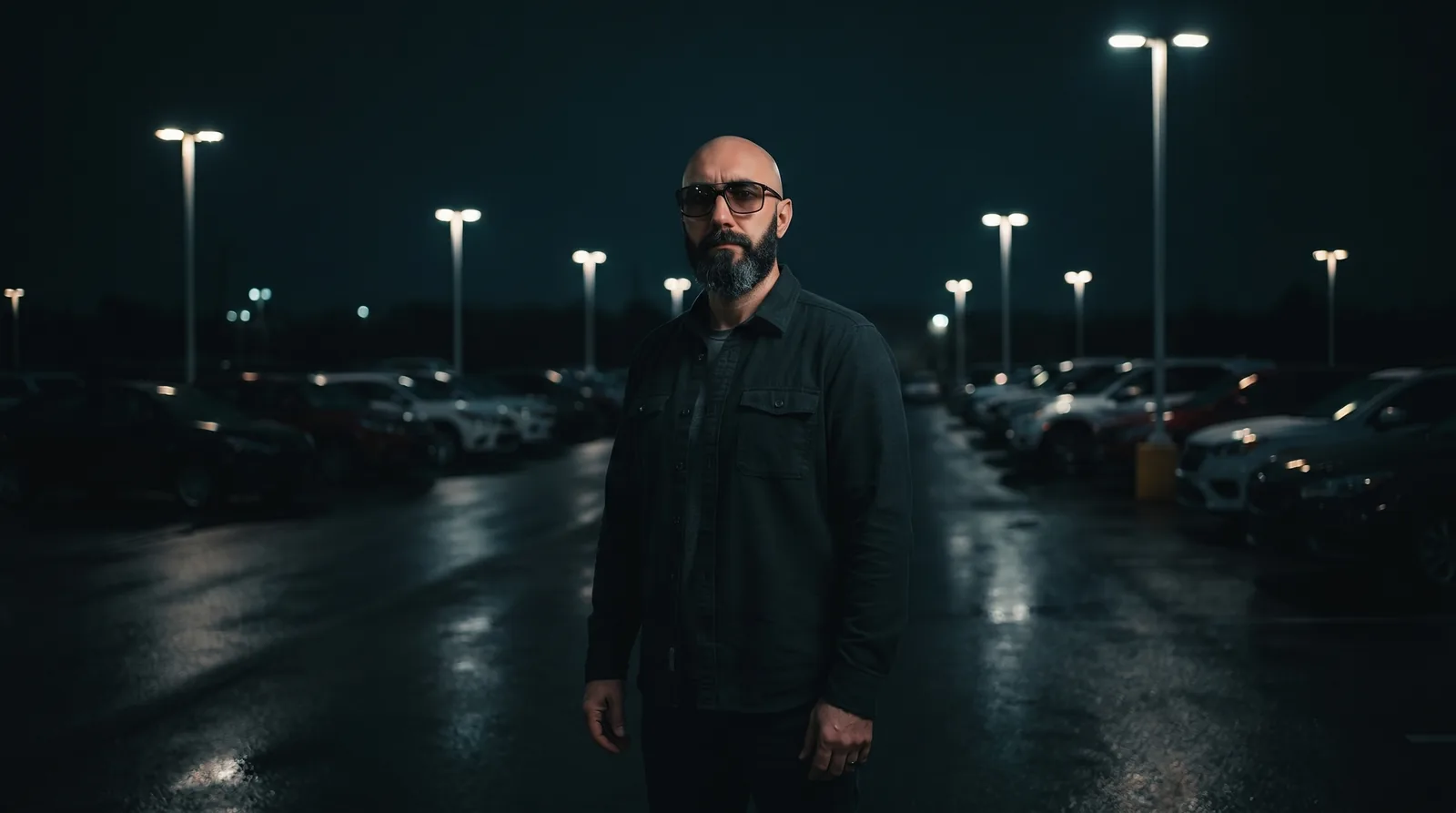 Michael Donovan on a dealership lot after close, under the light poles